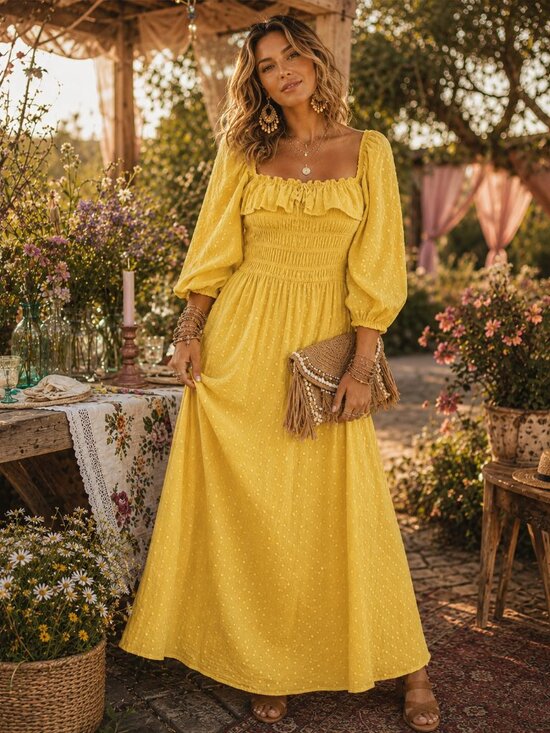 Dresses & Skirts - Yellow Smocked Puff Sleeve Maxi Dress